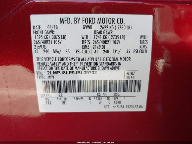 2LMPJ8LP9JBL39732 Lincoln 2.7l gtdi