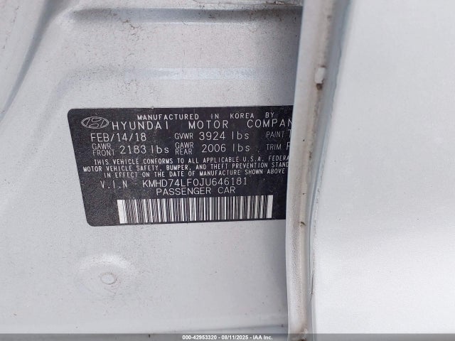 2018 Hyundai Elantra Se მანქანა იყიდება აუქციონზე, vin: KMHD74LF0JU646181, აუქციონის ნომერი: 42953320