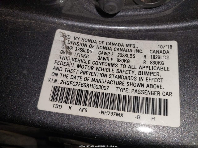 Honda k20c2 2019 2HGFC2F66KH503007 Image 9