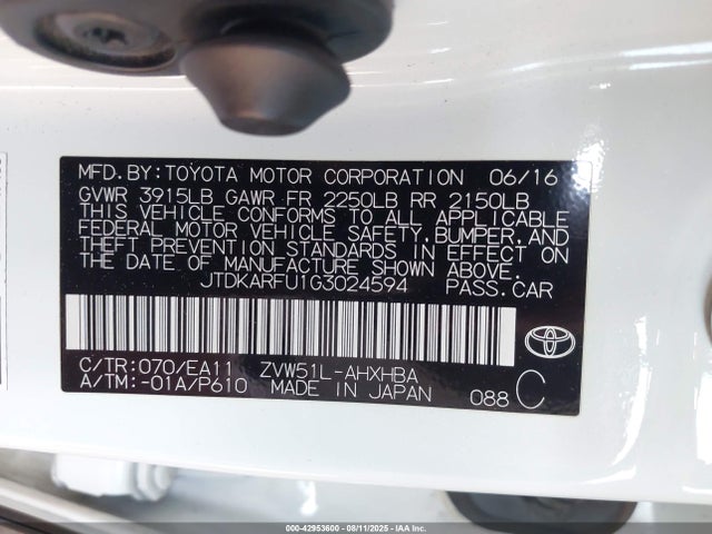 JTDKARFU1G3024594 Toyota 2zr-fxe,1nm