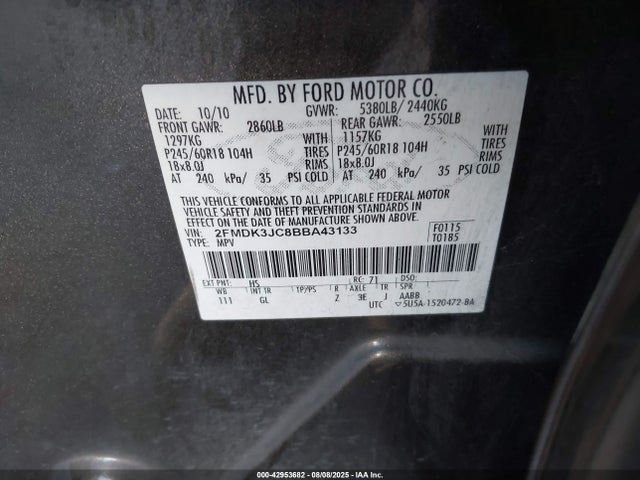 Aukcja sprzedaży 2011 Ford Edge Sel, vin: 2FMDK3JC8BBA43133, numer aukcji: 42953682