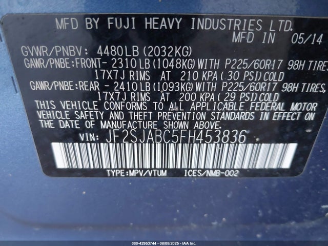 Subaru 2.5na u5 2015 JF2SJABC5FH453836 Image 9