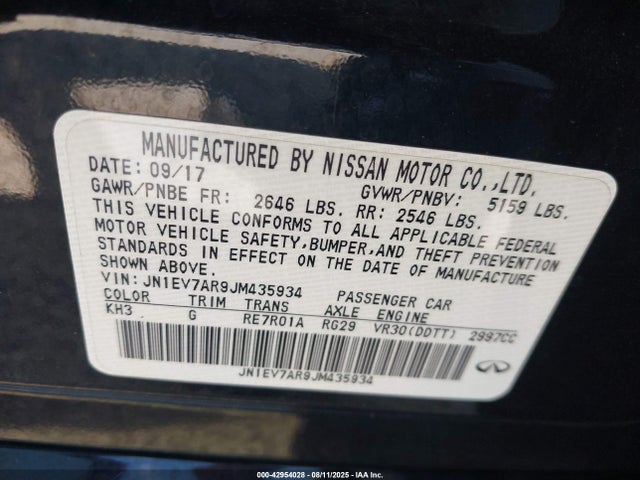 2018 Infiniti Q50 3.0t Luxe მანქანა იყიდება აუქციონზე, vin: JN1EV7AR9JM435934, აუქციონის ნომერი: 42954028