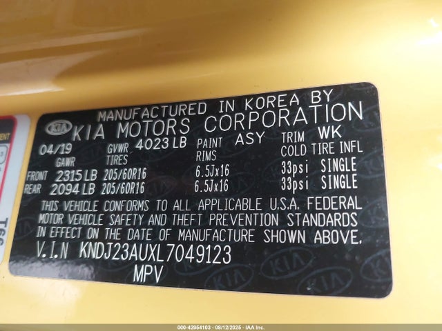 42954103 :رقم المزاد ، KNDJ23AUXL7049123 vin ، 2020 Kia Soul S مزاد بيع