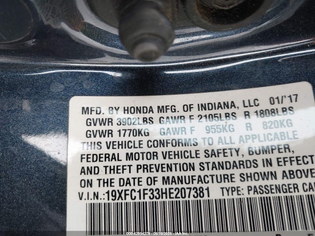 Honda l15b7 2017 19XFC1F33HE207381 Image 9