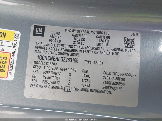 1GCNCNEH8GZ283195 Chevrolet lv3 - sidi, vvt, aluminum, e85 max