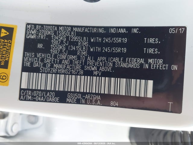 5TDYZRFH9HS216738 Toyota 2gr-fks