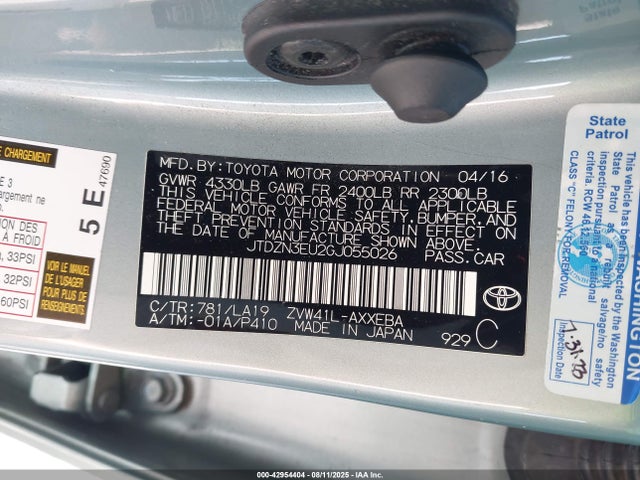 Toyota 2zr-fxe, 5jm 2016 JTDZN3EU2GJ055026 Image 9