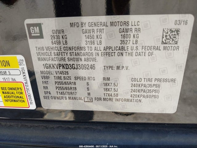 1GKKVPKD3GJ309246 GMC llt - sidi, alum, 60 degrees
