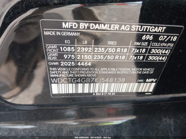 WDCTG4GB7KJ548138 Mercedes-Benz 270