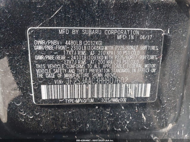 JF2SJAAC3HH807602 Subaru naturally aspirated u5