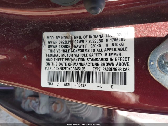 42954700 :رقم المزاد ، 19XFB2F9XCE045125 vin ، 2012 Honda Civic Ex-l مزاد بيع