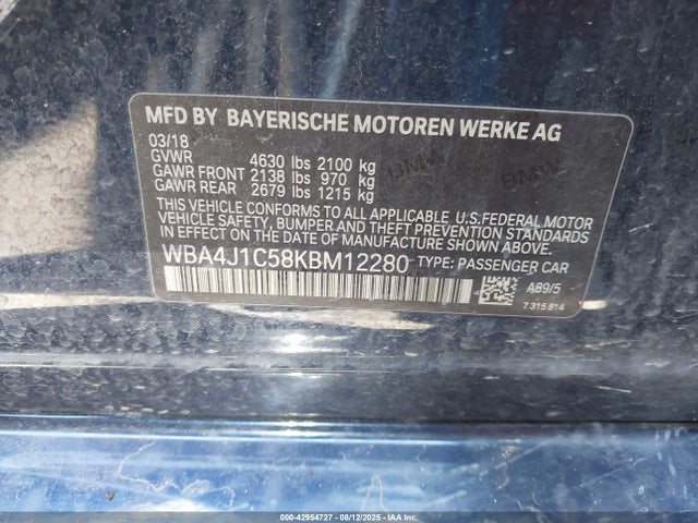 Aukcja sprzedaży 2019 Bmw 430i Gran Coupe, vin: WBA4J1C58KBM12280, numer aukcji: 42954727