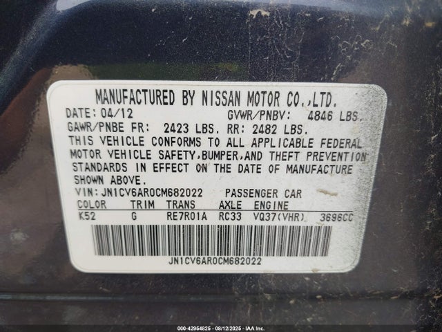 42954825 :رقم المزاد ، JN1CV6AR0CM682022 vin ، 2012 Infiniti G37x مزاد بيع
