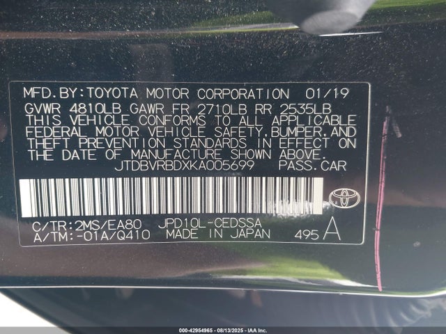 Toyota 4jm 2019 JTDBVRBDXKA005699 Image 9