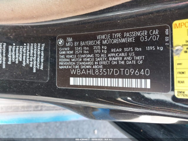 42954977 :رقم المزاد ، WBAHL83517DT09640 vin ، 2007 Bmw 750i مزاد بيع