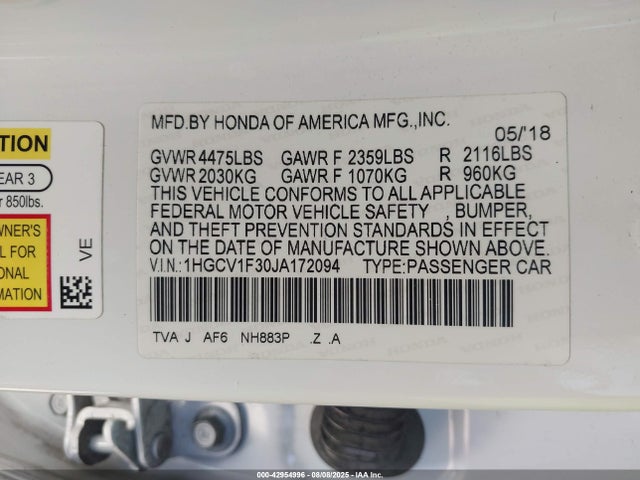 1HGCV1F30JA172094 Honda l15be