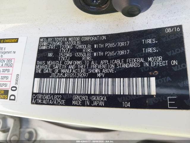 JTEZU5JR1G5139097 Toyota 1gr-fe