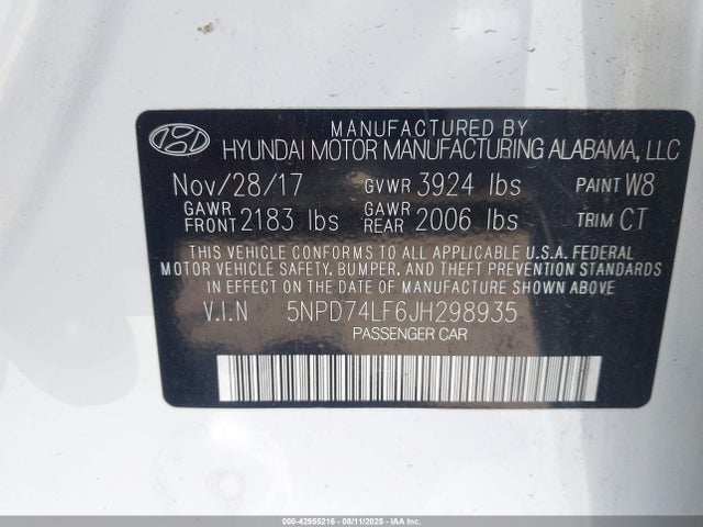 5NPD74LF6JH298935 Hyundai mpi nu