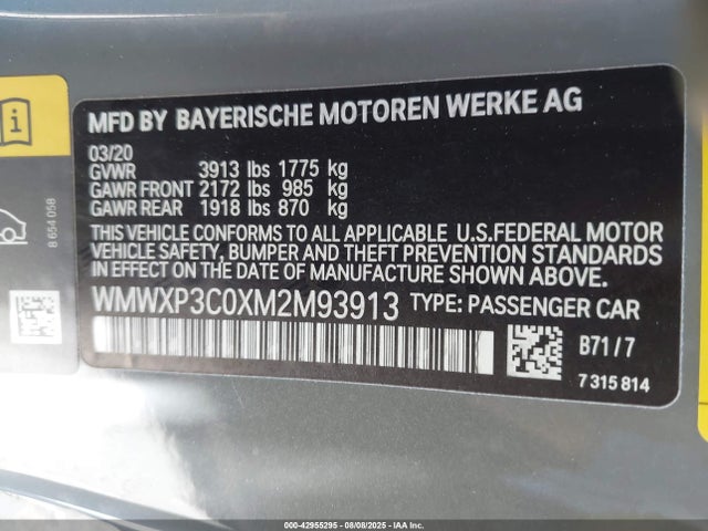 Aukcja sprzedaży 2021 Mini Se Hardtop Cooper, vin: WMWXP3C0XM2M93913, numer aukcji: 42955295