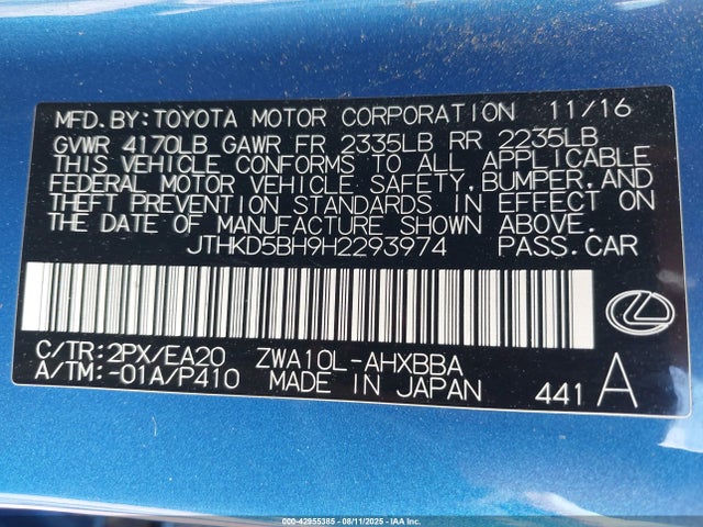 Lexus 2zr-fxe+3jm 2017 JTHKD5BH9H2293974 Image 9
