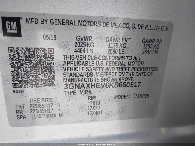 3GNAXHEV6KS660517 Chevrolet lyx - direct injection, vvt, fgt, turbo, alum, gen1