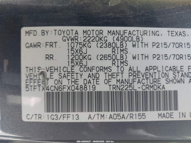 Toyota 2tr-fe 2015 5TFTX4CN6FX048819 Image 9