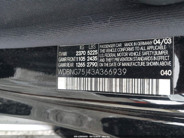Aukcja sprzedaży 2003 Mercedes-benz S 500, vin: WDBNG75J43A366939, numer aukcji: 42955455