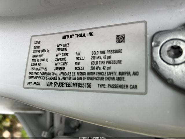 2021 TESLA MODEL 3 5YJ3E1EB0MF855156 Photo 8