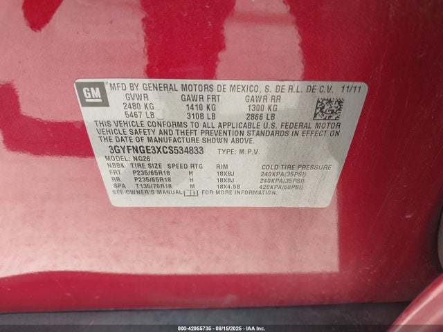 2012 CADILLAC SRX 3GYFNGE3XCS534833 Photo 8