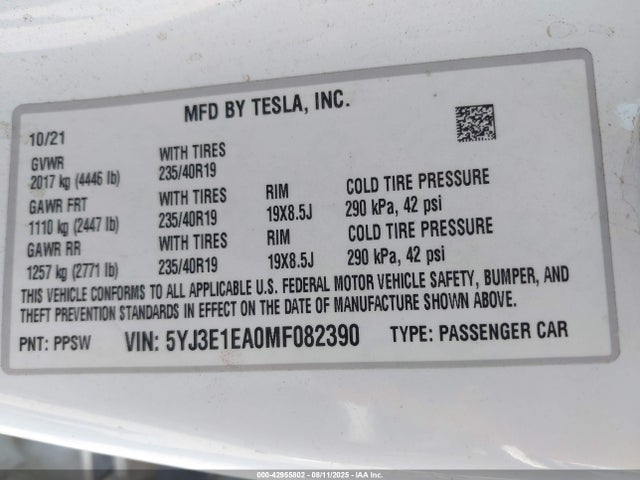 2021 TESLA MODEL 3 5YJ3E1EA0MF082390 Photo 8