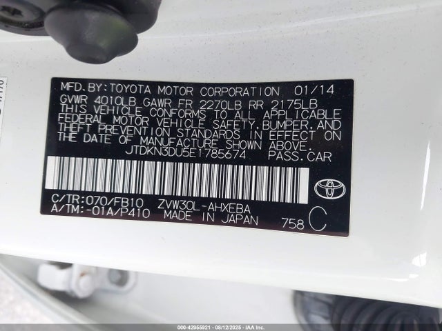 Toyota 2zr-fxe+3jm 2014 JTDKN3DU5E1785674 Image 9