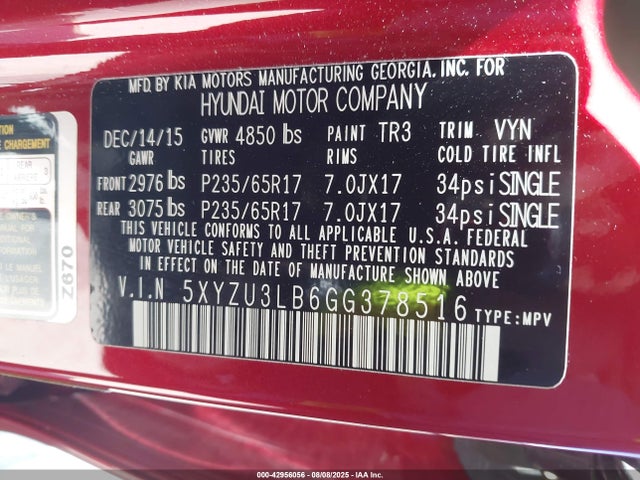 5XYZU3LB6GG378516 Hyundai gdi theta ii