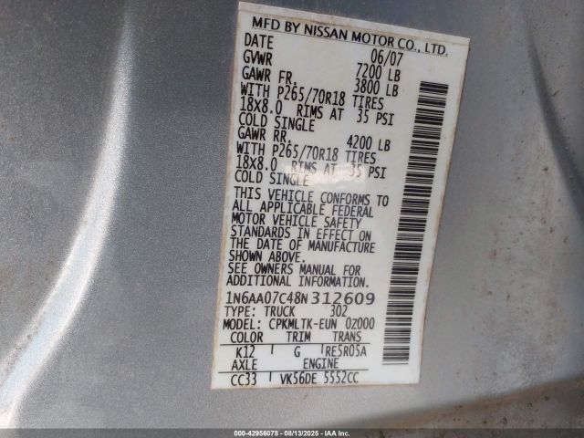 2008 NISSAN TITAN 1N6AA07C48N312609 Photo 8