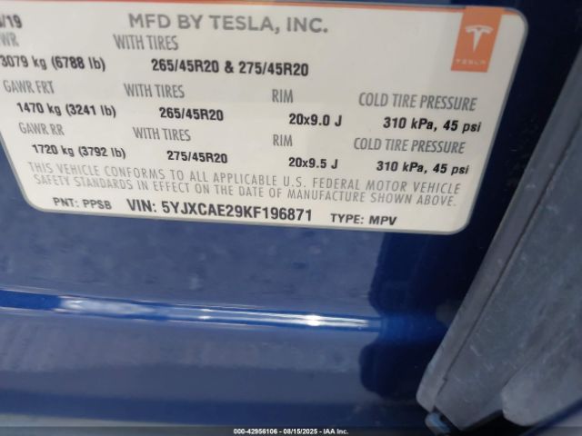 2019 TESLA MODEL X 5YJXCAE29KF196871 Photo 8