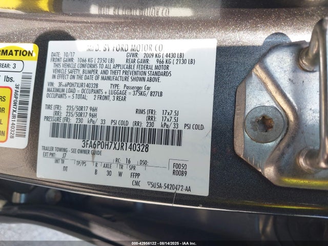 Aukcja sprzedaży 2018 Ford Fusion Se, vin: 3FA6P0H7XJR140328, numer aukcji: 42956122
