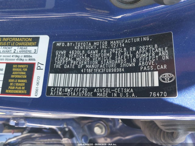 Toyota 2ar-fe 2015 4T1BF1FK3FU898984 Image 9
