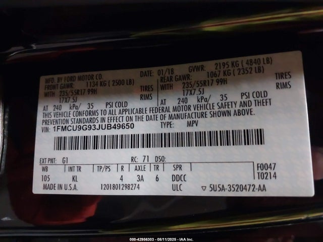 1FMCU9G93JUB49650 Ford 2018