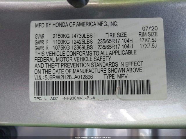 5J6RW2H28LA012896 Honda l15be