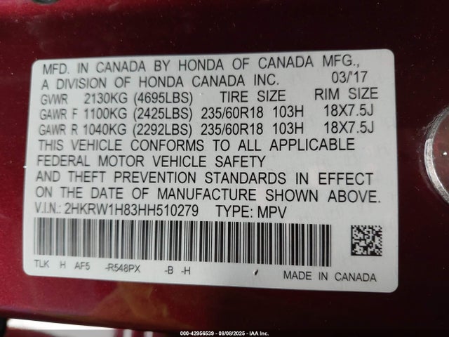 2HKRW1H83HH510279 Honda l15be