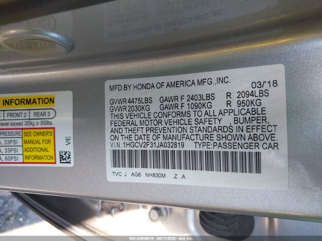 Honda k20c4 2018 1HGCV2F31JA032819 Image 9