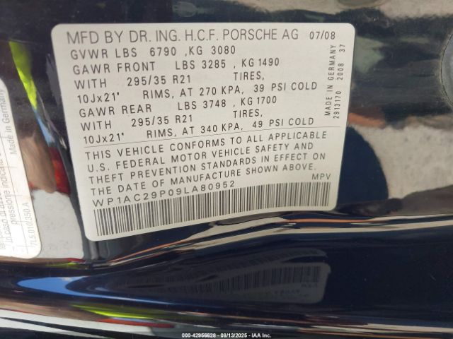 2009 PORSCHE CAYENNE WP1AC29P09LA80952 Photo 8