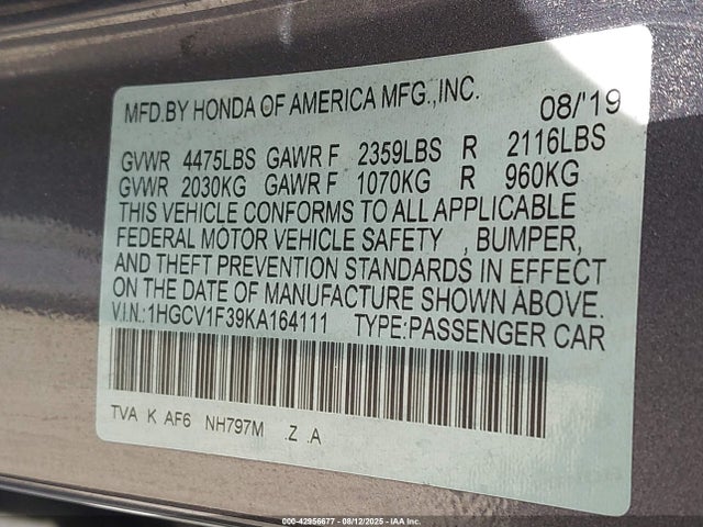 1HGCV1F39KA164111 Honda l15be