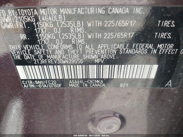 Toyota 2ar-fe 2016 2T3RFREV3GW429556 Image 9