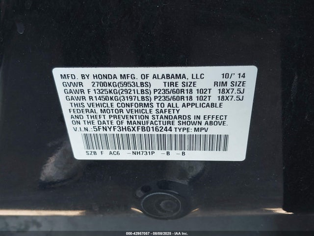 Honda j35z4 2015 5FNYF3H6XFB016244 Image 9