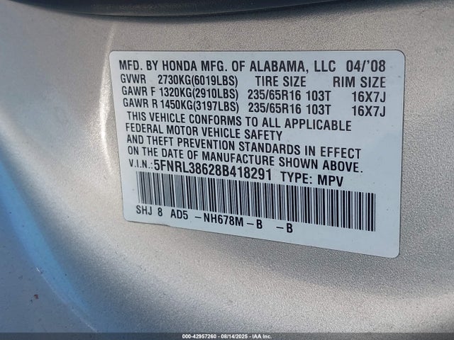 Продажа на аукционе авто 2008 Honda Odyssey Ex-l, vin: 5FNRL38628B418291, номер лота: 42957260