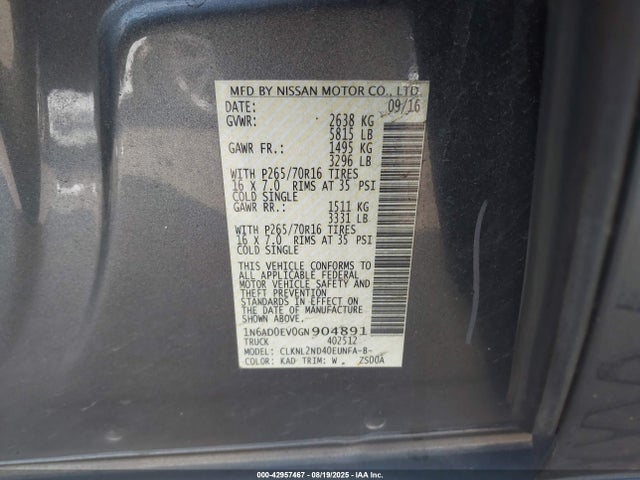 Nissan Frontier 2016 1N6AD0EV0GN904891 Image 9