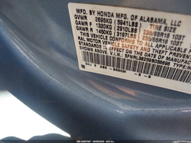 42957567 :رقم المزاد ، 5FNRL38259B056696 vin ، 2009 Honda Odyssey Lx مزاد بيع
