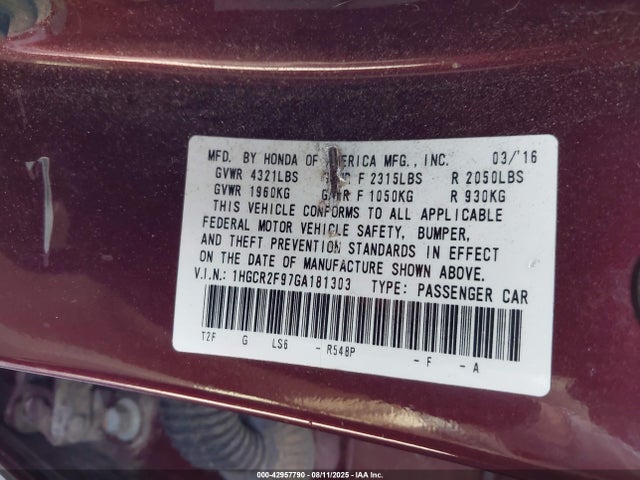 1HGCR2F97GA181303 Honda k24w1