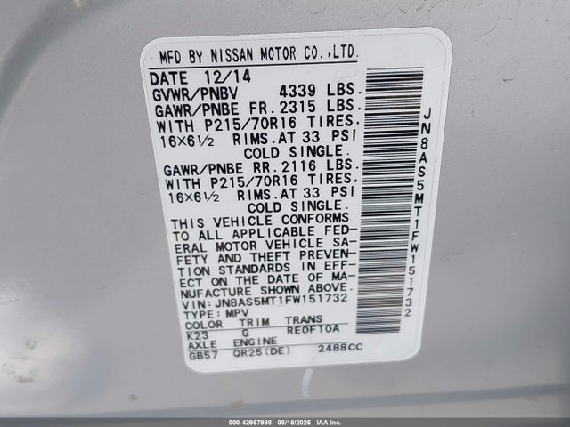 JN8AS5MT1FW151732 Nissan Rogue